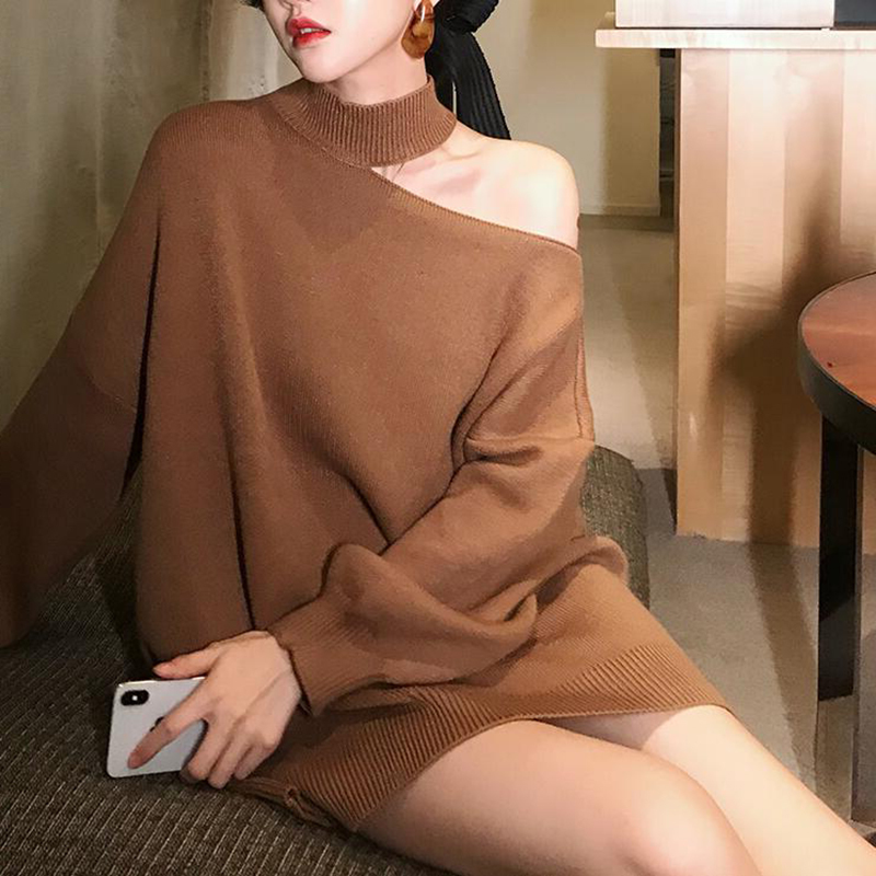 

2021 New Sexy Female Pullovers Fall Halter Out Let Loose Long Tuttle Sweaters Autumn Women's Clothing Purty Jumpers 9EGO, Brown