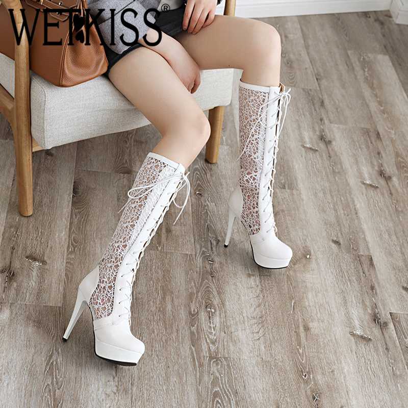

WETKISS Sexy Lace Women Knee Boots Cross-Tied Fashion Female Boot Round Toe Stiletto High Heel Shoes Solid Non Slip Long Boots, Black