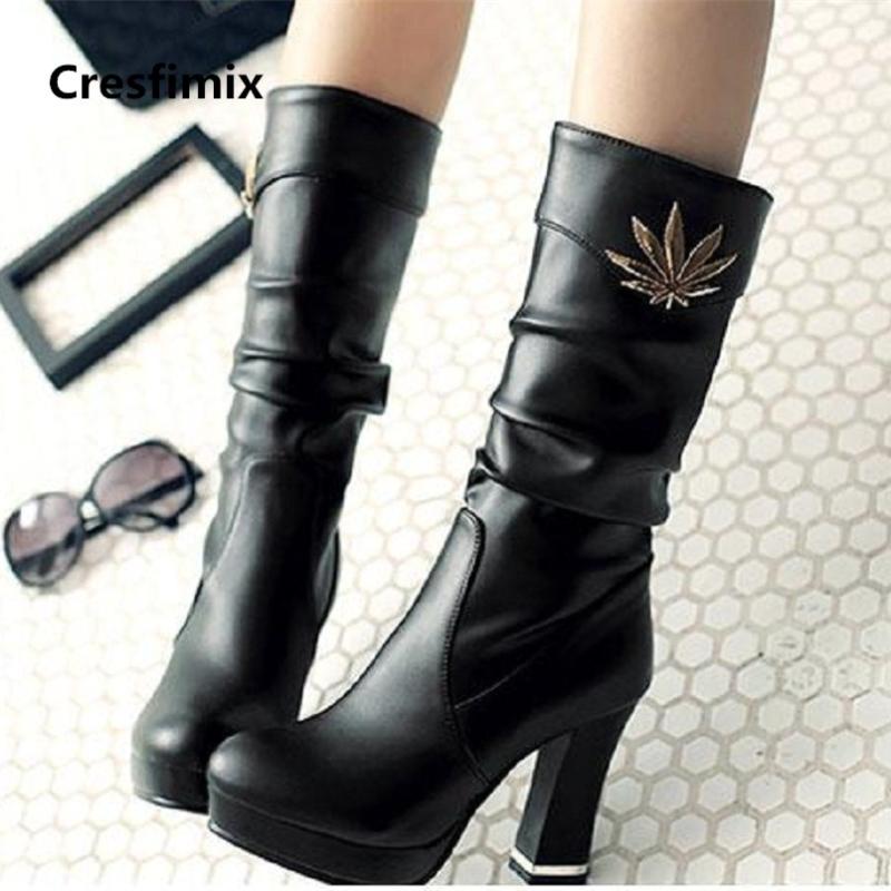 

women casual high quality pu leather street boots female leisure white boots lady high heel autumn & winter botas e2316, Black