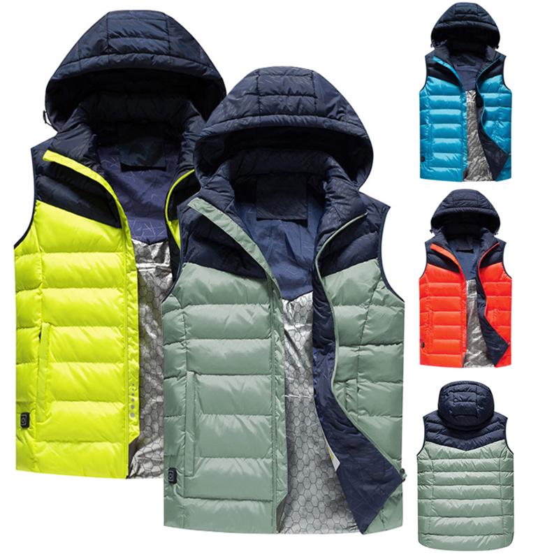 

Fashion Men Winter Electric Heating Vest USB Charging Splicing Hooded Zipper Pocket Thermal Warm Casual Waistcoat Outerwear, Type 1