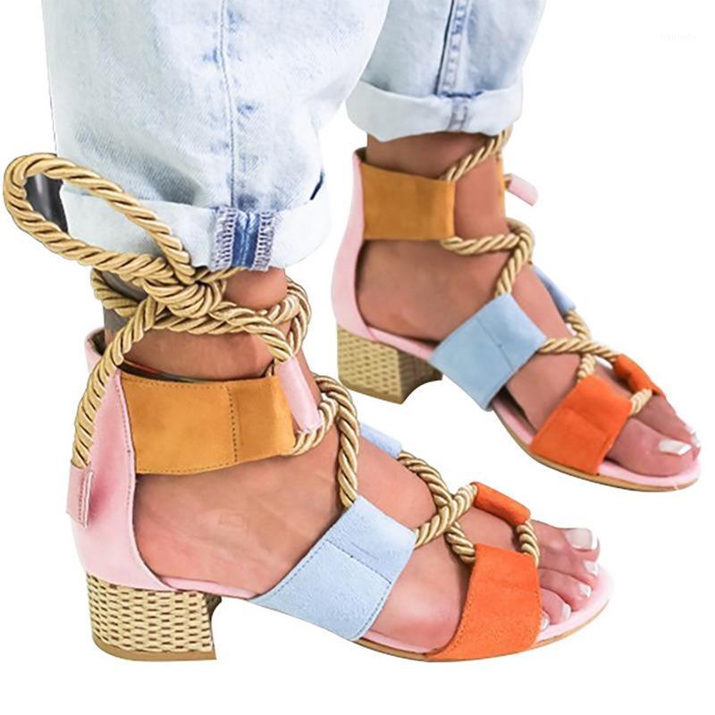 

Women's Fashion High Heels Lace-up High Sandals Summer Shoes Gladiator Thick Air Cushion Serpentine Square Heels Knot Rope1, White