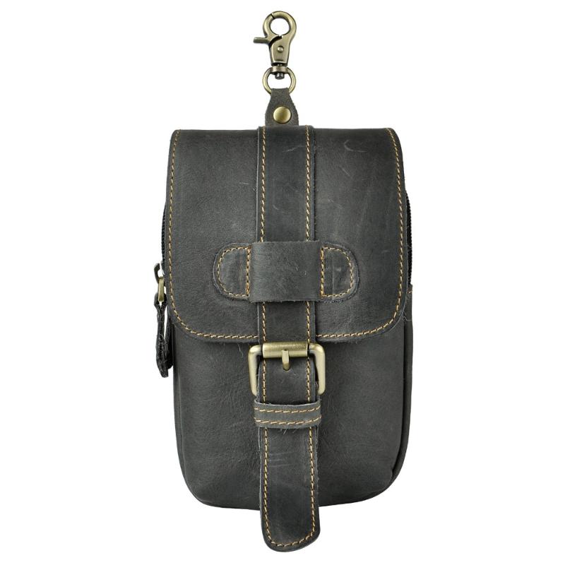

Real Leather men Casual Design Small Waist Bag Pouch Cowhide Fashion Hook Waist Belt Pack Cigarette Case Phone Pouch 014g, Black
