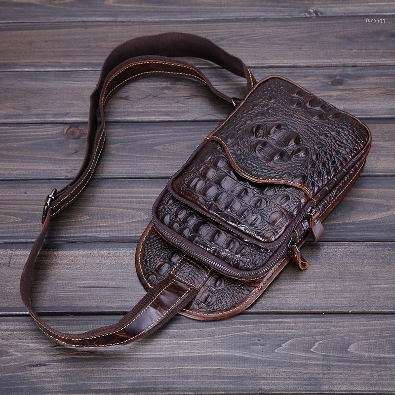 

New Fashion Genuine Leather Men's Chest Bag Casual Oil Wax Bag Trendy Cowhide Crocodile Crossbody1, Sky blue