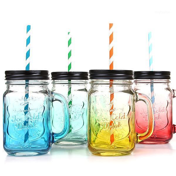 

Creative Gradient Color Mason Bottle with Lid with Straw Transparent Glass Glass Mason Cup Creative Cup Wholesale1, Black