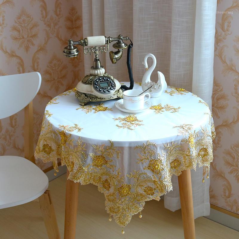 

Table Cloth European Lace Fabric Gold Embroidery Beaded Pendant Tablecloth Home El Villa Balcony Small Round Luxury Cover Tapete