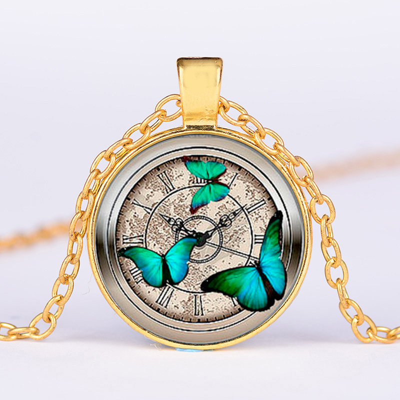 

Vintage Steampunk Clock Butterfly Necklace Flying Insect Art Picture Glass Cabochon Pendant Charm Handmade Women Jewelry