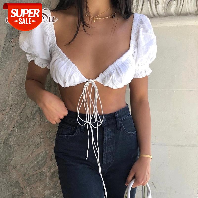 

ArtSu 2020 Summer V neck Tops for Women Pink Tee Shirt White Black Tshirt Femme Backless Sexy T-shirt Streetwear ASTS21460 #WS0o