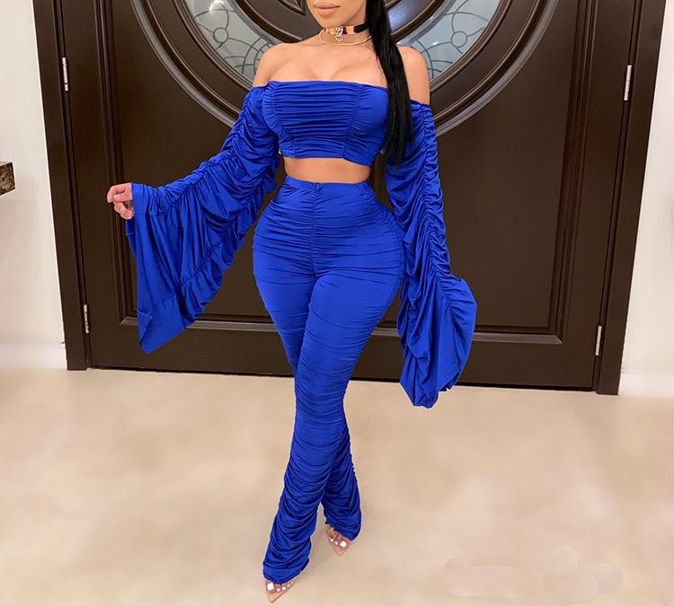 

solid color tight bodice long sleeve pleated European and American women' two piece sexy slim one-piece, Blue