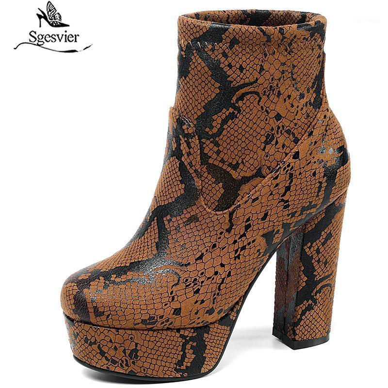 

Sgesvier Print Snake Pu Women Ankle Boots Zip Round Toe Footwear Thick High Heels Female Boot Shoes Women 2020 snakeskin Bootie1, Fur inside brown