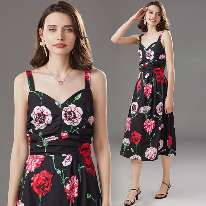 

2021 New Fashion Runway Carnation Flower Summer Women's Spaghetti Strap Print Vacation Draped Elegant Midi Vestidos Fevn, As picture