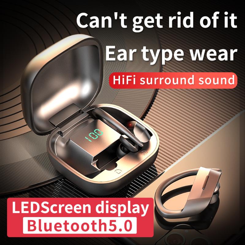 

Bluetooth Earphone TWS Wireless Headphones Digital display Headsets earbuds With Earhook Sports waterproof Charging Box, White