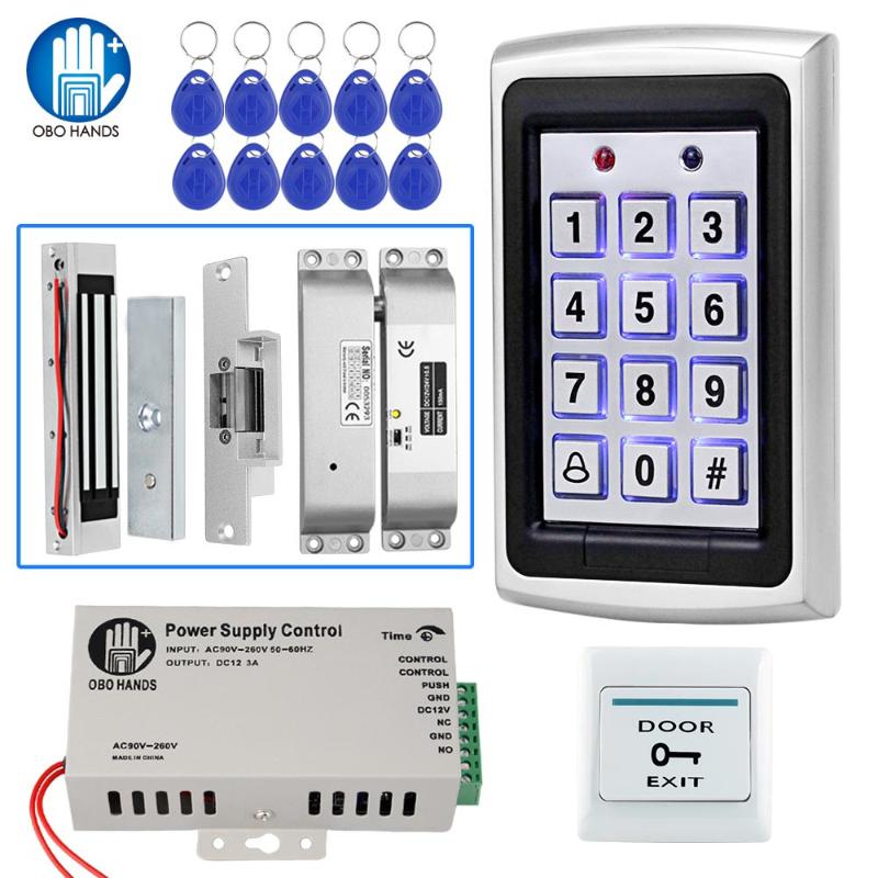 

Full RFID Access Control System Kit Standalone Metal Keypad Electronic Lock Power Supply DC12V Door Exit with 125KHz ID Keyfobs