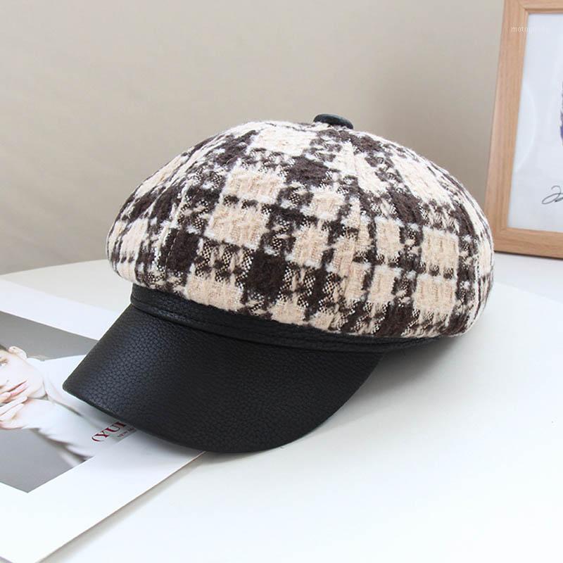

Fibonacci New Octagonal Hat For Women Retro Plaid Beret Hat Casual Korean Painter Hats Auutmn PU Leather Patchwork Newsboy Caps1