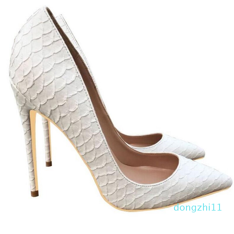 

New style White Snake-skin High-heeled Women Stiletto Heel Pointed toe shoes 8cm 12cm 10cm large size 45 Bride Wedding Dress Pumps Shoe, Red bottom heel 12cm