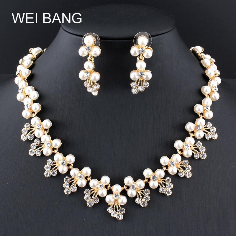 

Fashion Bridal Jewelry Sets Pearl Gold/Silver color Earrings Necklace Set Rhinestone Gift Jewelry For Wedding Dress Accessories, As pic