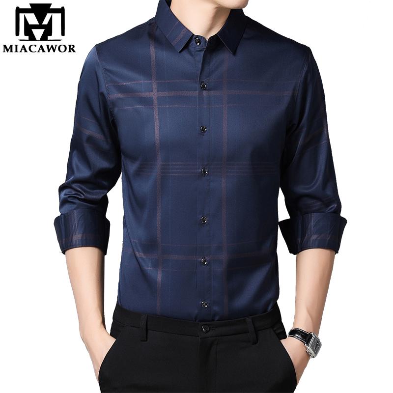 

MIACAWOR New Spring Business Casual Plaid Shirt Men Long Sleeve Social Shirts Mens Slim Fit Camisa Masculina Mens Clothing C638, Navy blue