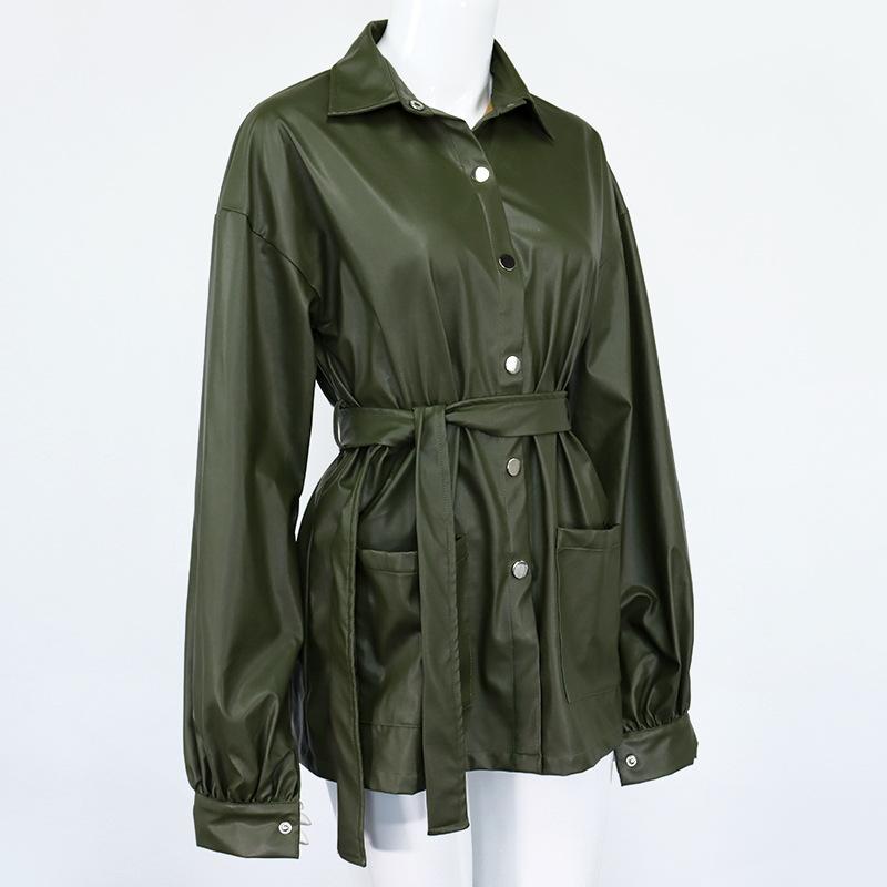 

Long Black leather jacket women long sleeve drop shoulder Plus size faux leather jackets for women coats