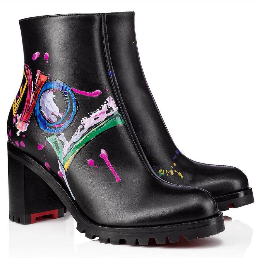 

[Original Box] Popular Winter Love Me Graffiti Leather Love Ankle Boots Women's Red Bottom Booties Lug Sole Lady Combat Booty Party Wedding