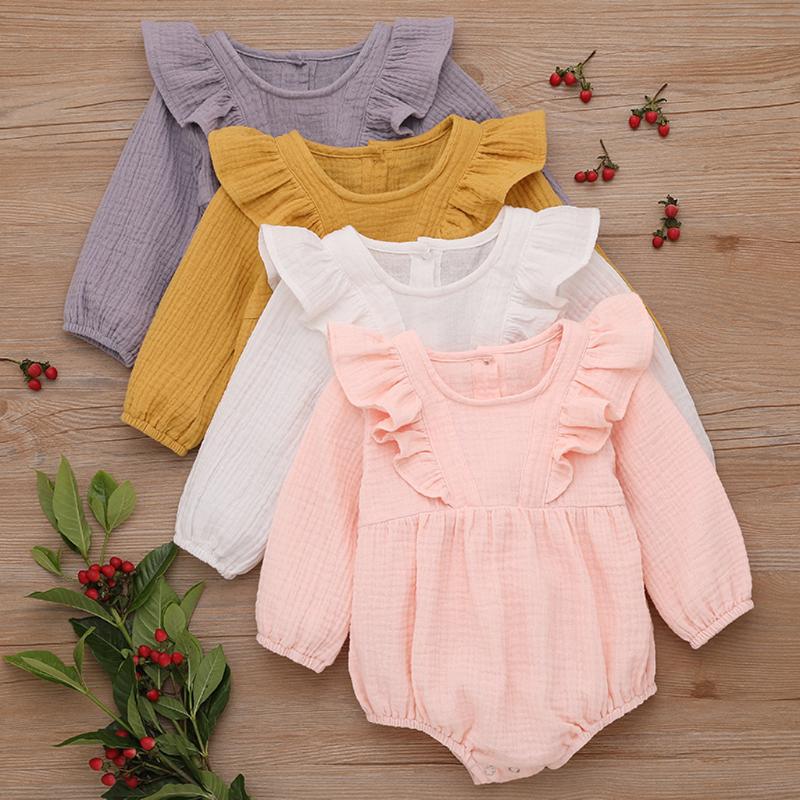 

0-24M Newborn Infant Baby Girl Clothes Ruffle Long Sleeve Rompr Jumpsuit Autumn Ruffle Linen Solid Outfit Clothing Romper ropa, 01