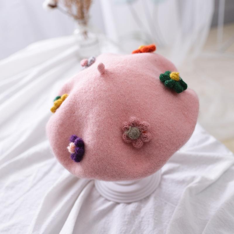 

Parent-Child Solid Color Cute Children Wool Flower Kids Beret Hats Autumn Winter Warm Women Female Beret Hat ZZ-258