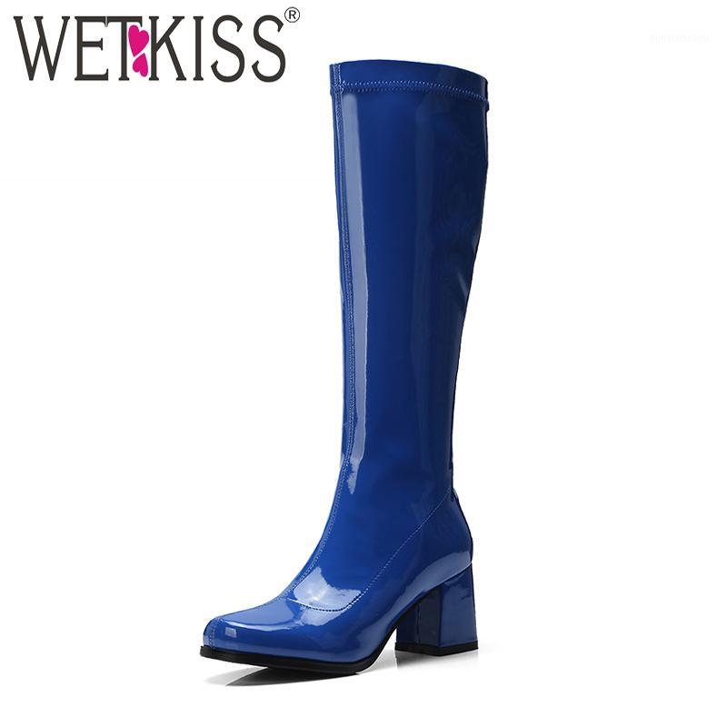 

WETKISS Patent Pu Knee High Women Boots Square Toe Zip Footwear High Heels Female Boots Thick Heels Woman Shoes Winter1, Black