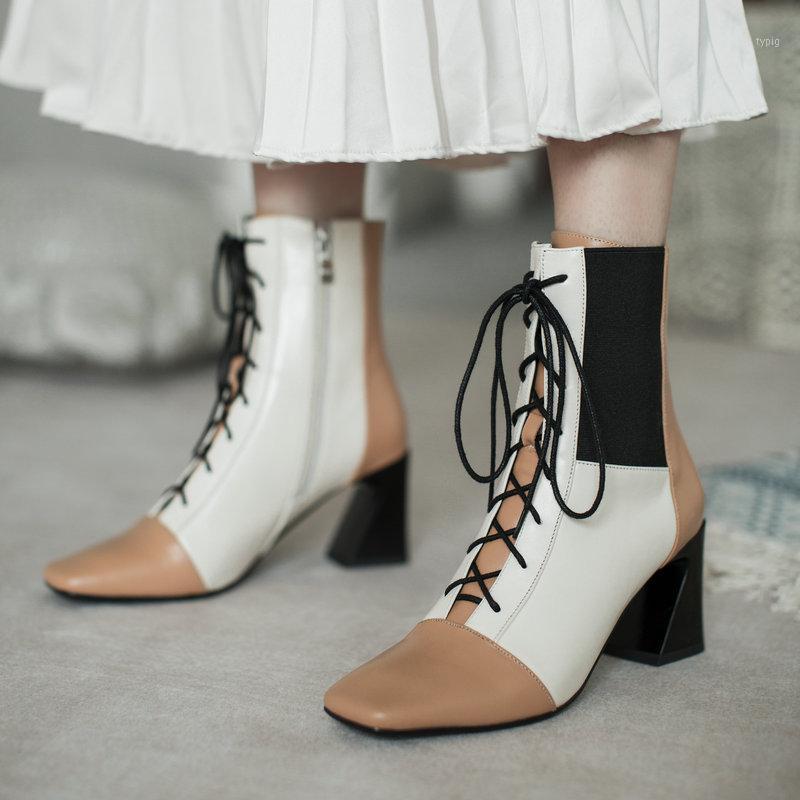 

Women mixed colors Genuine Leather boots High Heels Square Toe Women'S Ankle Boots Night Club lace up dress party Shoes Woman1, Beige