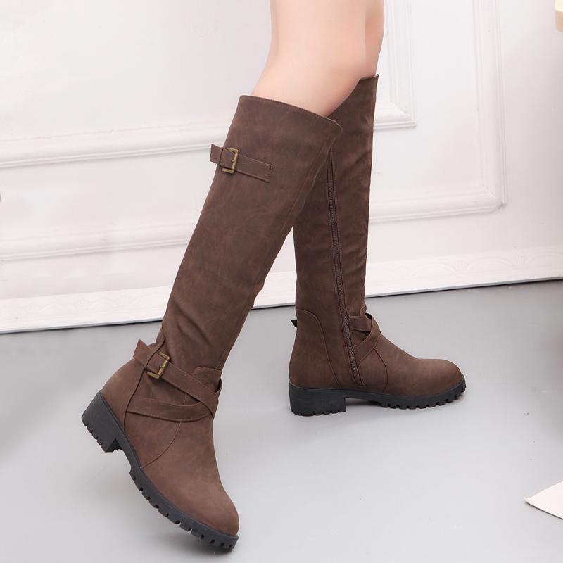 

2021 Women Knee High Boots Fashion Leather Low Heels Buckle Side Zipper Winter Riding Shoes Army Western Combat Boots, Brown