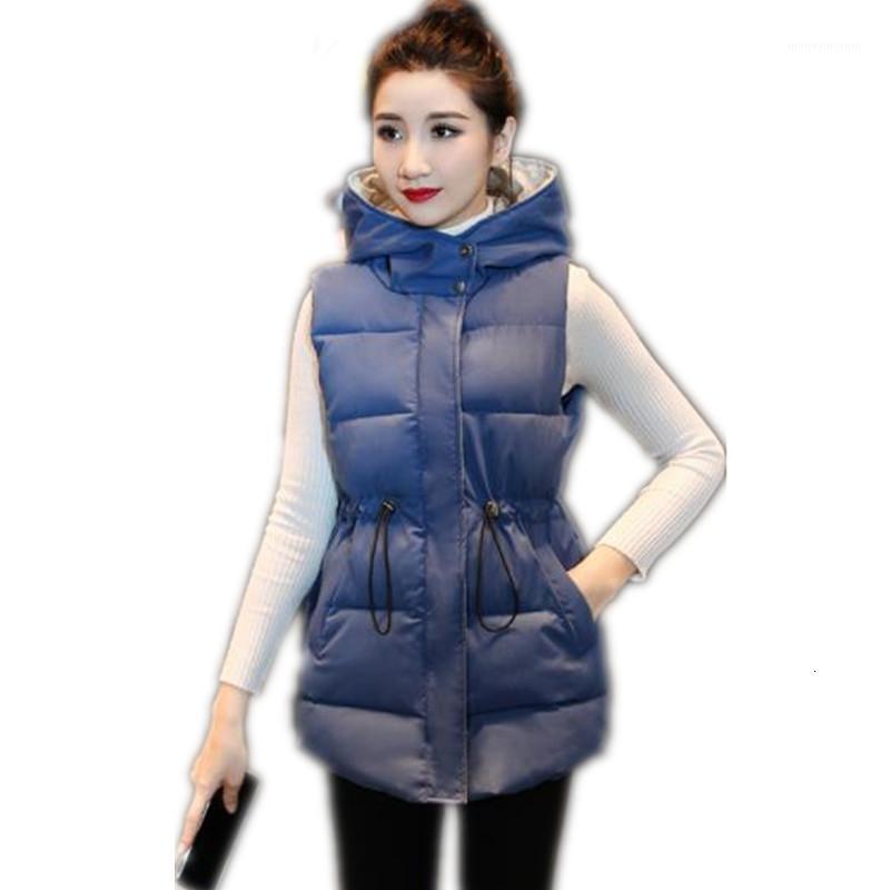 

2019 Casual Autumn Winter Women Waistcoat Female Hooded Short Down Cotton Vest With Adjustable Waistband Warm Outdoor Vest H0221, Blue