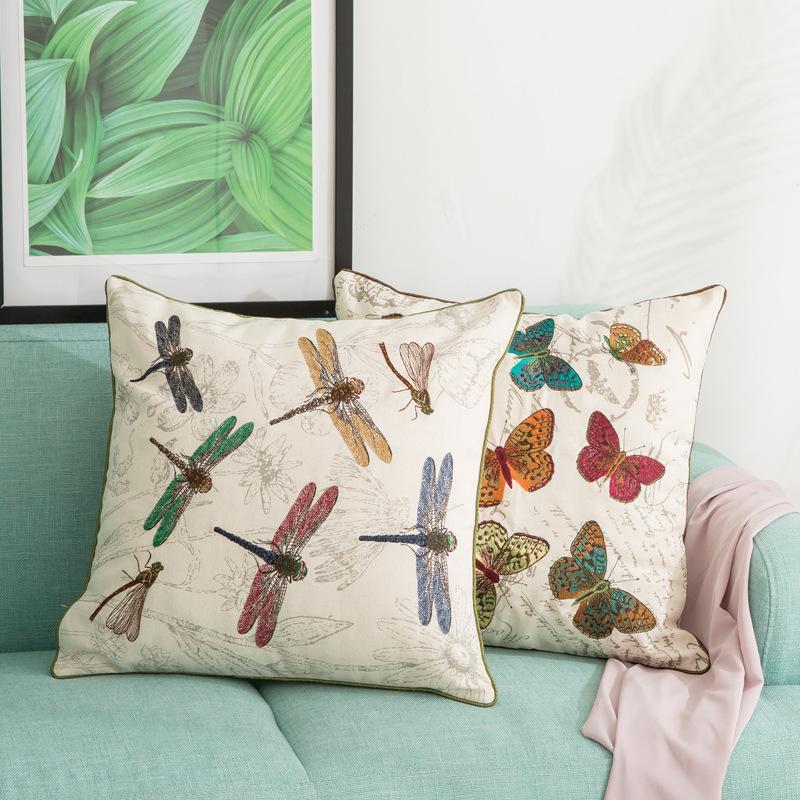

DUNXDECO Cushion Cover Decorative Pillow Case Rustic Country Style Vintage Butterfly Dragonfly Colorful Embroidery Sofa Coussin