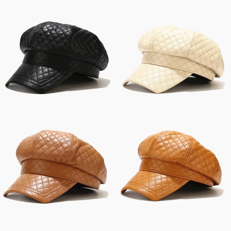 

new ladies square visor navy hat Women solid faux leather plaid Newsboy octagonal caps Berets LVYI061, Khaki