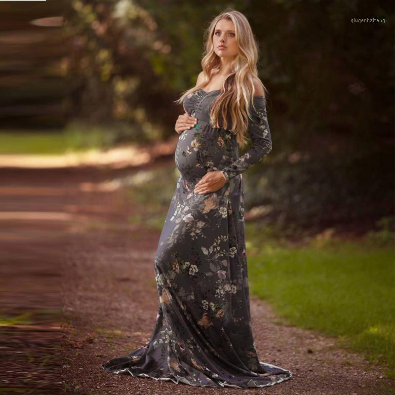 

Vetement Femme 2021 Women Regnants Maternity Clothes Dress Pography Props Off Shoulder Long Sleeve Print Dress1 Dresses, Black