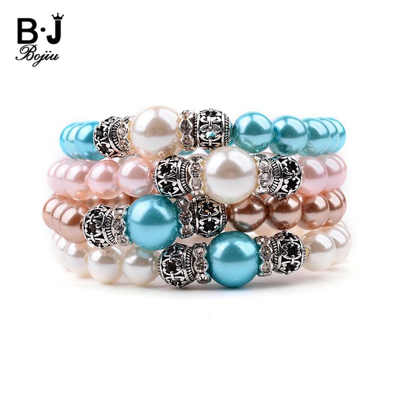 

BOJIU 8mm Big Imitation Pearl Cubic Zirconia Charm Bracelets For Women Luxury Brown Pink Blue White Beads Bracelet Jewelry BC235