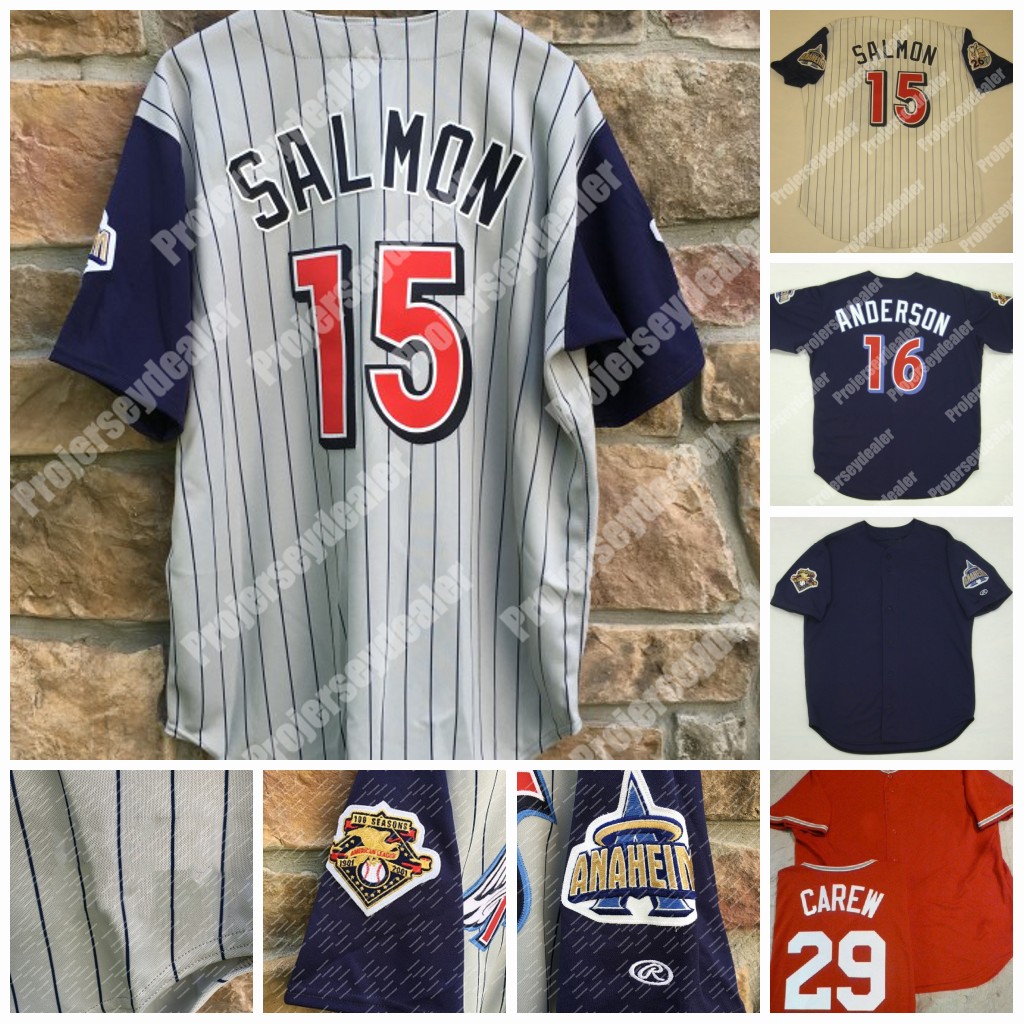 

2001 Tim Salmon Anaheim Rawlings 100 Seasons Jersey Shohei Ohtani Mike Trout Garret Anderson Joe Mauer Rod Carew Retror Baseball JerseyS, Red as picture