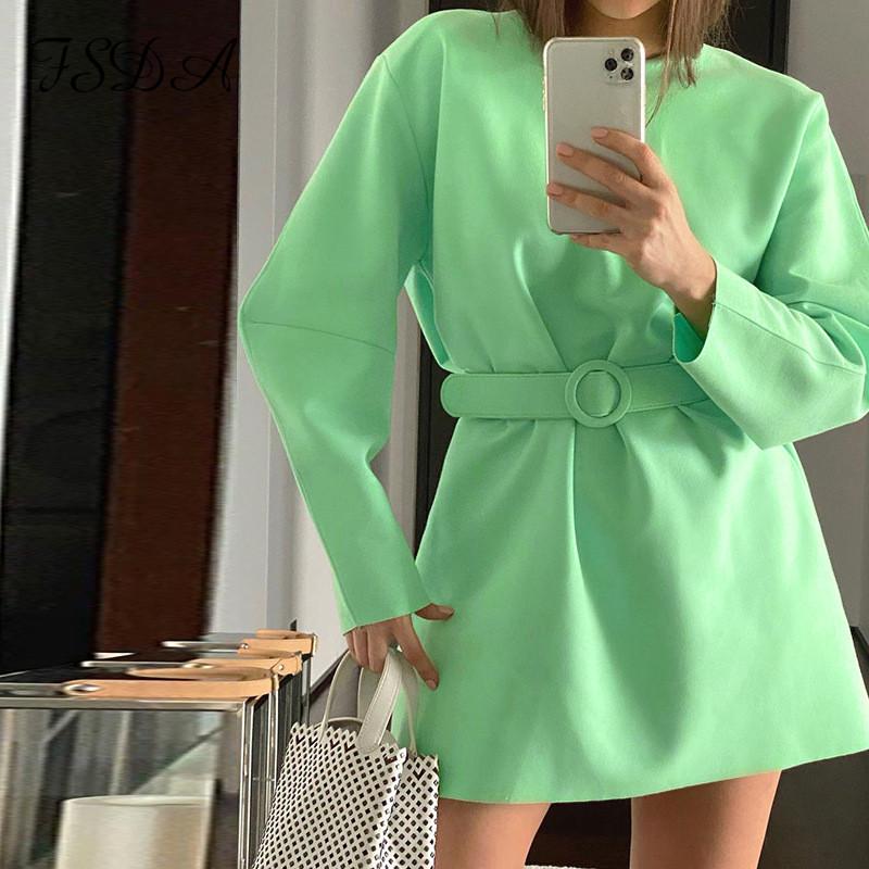 

Casual Dresses FSDA O Neck Green Mini Dress Women 2021 Autumn Winter Long Sleeve With Belt Warp Vintage Sexy Elegant Party, Black;gray
