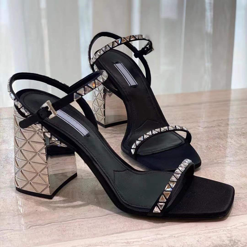 

90mm thick heel sandals Factory Footwear crystal embellished mules square head high-heeled sandal Satin open toe designer women's heel Luxurys, Black