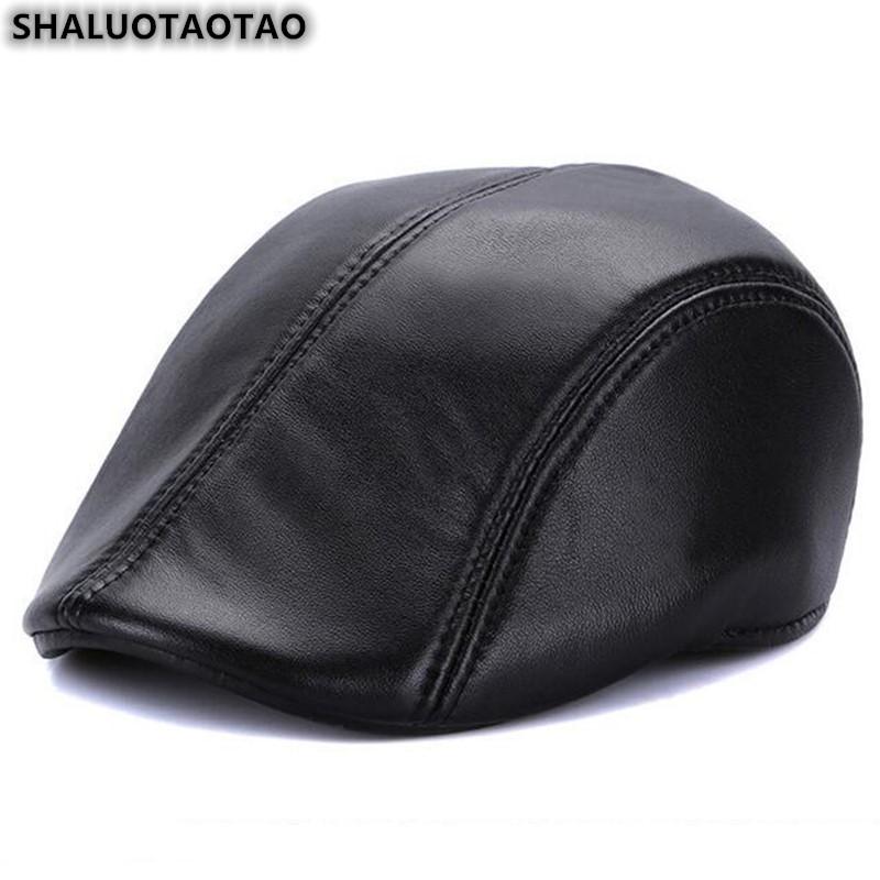 

SHALUOTAOTAO Autumn Winter New Thermal Berets For Men's Fashion Sheepskin Genuine Leather Hat Elegant Brands Leisure Tongue Cap, Black