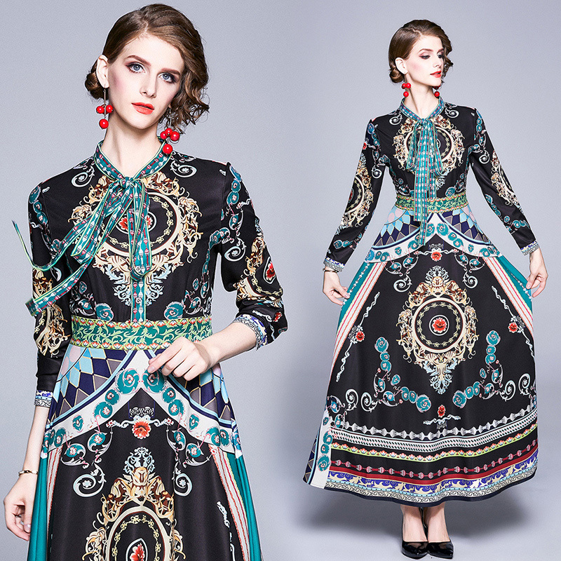 

2021 New Women Vintage Flower Peacock Print Long Sleeve Bow Neck Female High Waist Party Elegant Ladies Maxi Es Zc4u, As picture