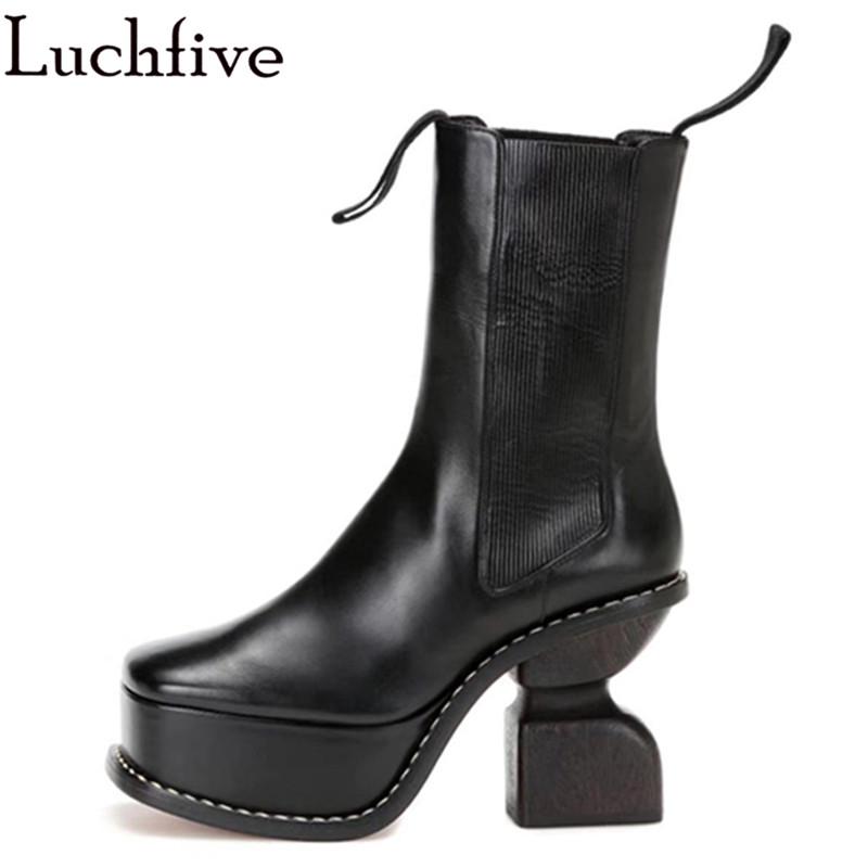 

Platform Ankle Boots Woman Square toe Strange High Heel Leather short boots Fashion Roman style T-Show Runway botas mujer, Black