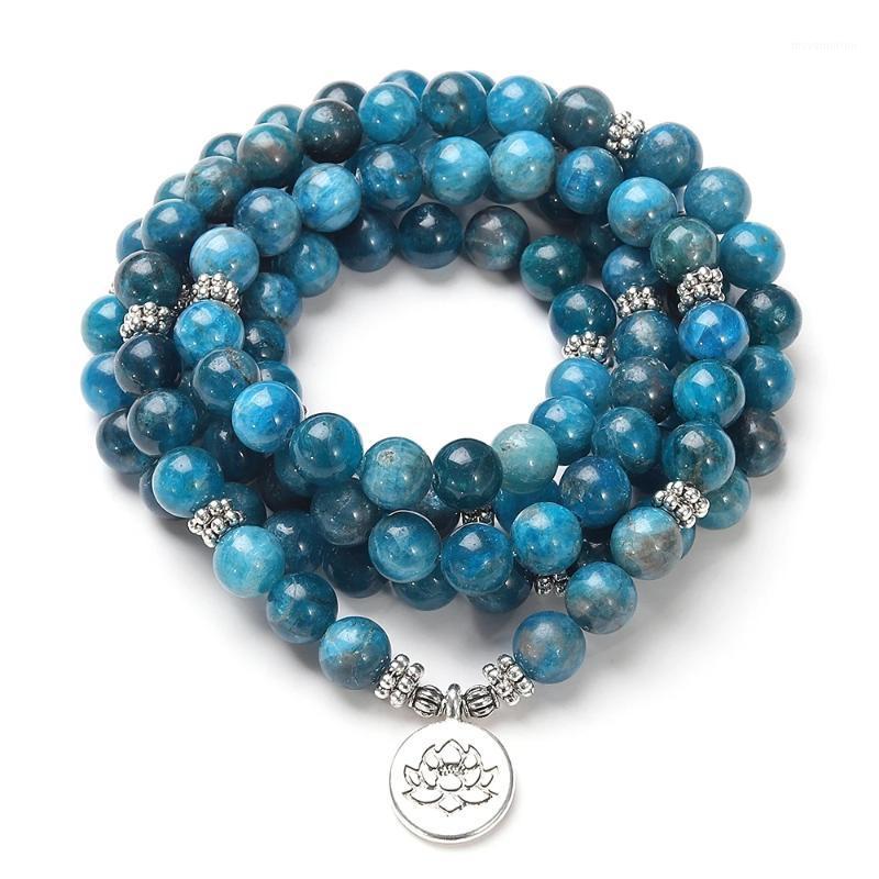 

Natural Stone Women Men 108 Mala Apatite with Lotus OM Buddha Charm Yoga Bracelet or Necklace Natural Jewelry1