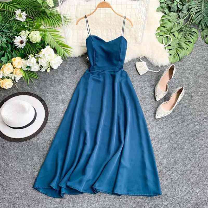 

Women Sleeveless Spaghetti Strap Dress V Neck Back Cross Strap Beach Dress Elegant High Waist Party, White