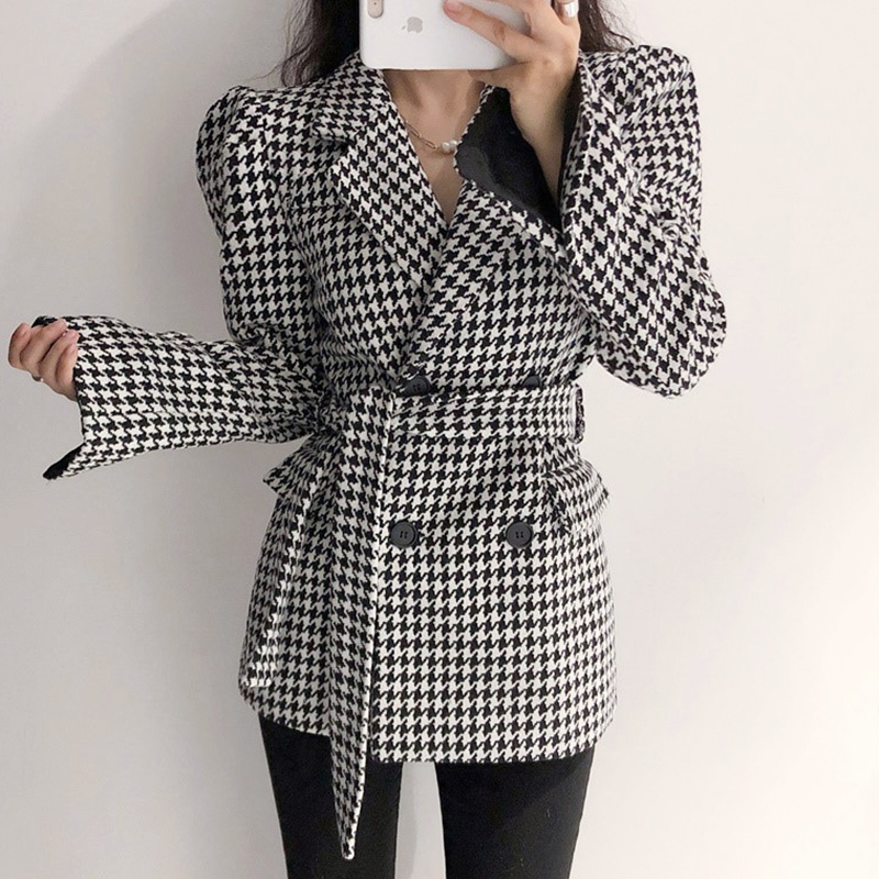 

2021 New Spring and Autumn Retro Suit Collar Double-breasted Slim Tie-waist Houndstooth Woolen Jacket X8DK, Photo color