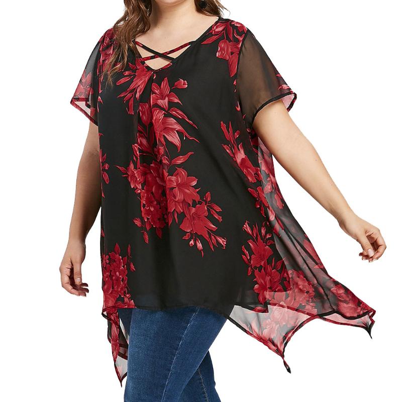 

Women Summer Chiffon Blouses Plus Size Criss Cross Double Print Short Sleeve Shirt Tops Blouse Fashion Roupas Feminina #T2G, As pic
