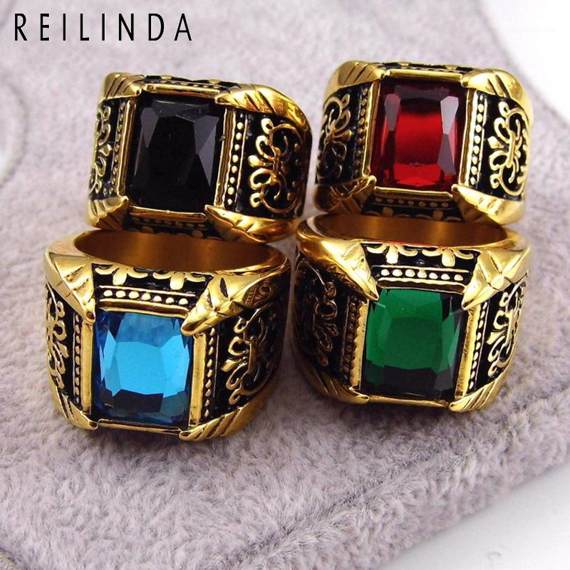 

Cluster Rings Brand Jewelry Mens Gold Color Signet Ring With Stone Stainless Steel Big Square Vintage Male Men Jewelry1
