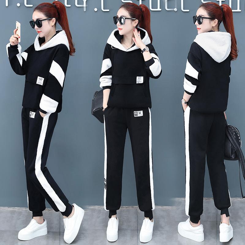 

Winter Thick Fleece Women Sport Suit Warm Hoodie Female Outfits Running Jogging Casual Athletic Set Sportswear Tracksuit 2PCS, Black