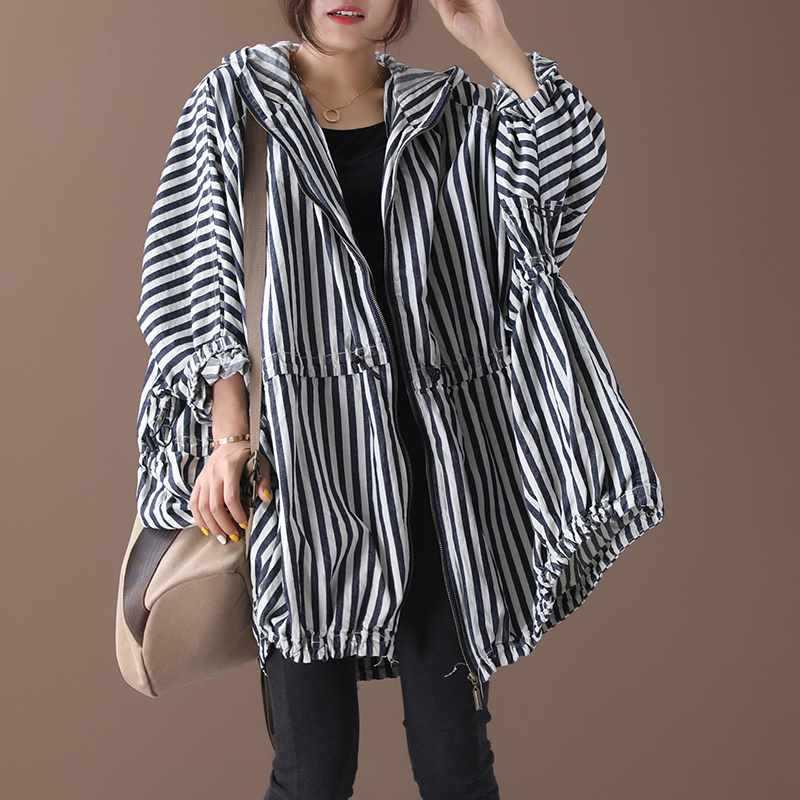 

Autumn Loose Striped Trench Coats Women Hooded Plus Size Spliced Drawstring Wild Fashion Casual Lady Tide, Navy blue