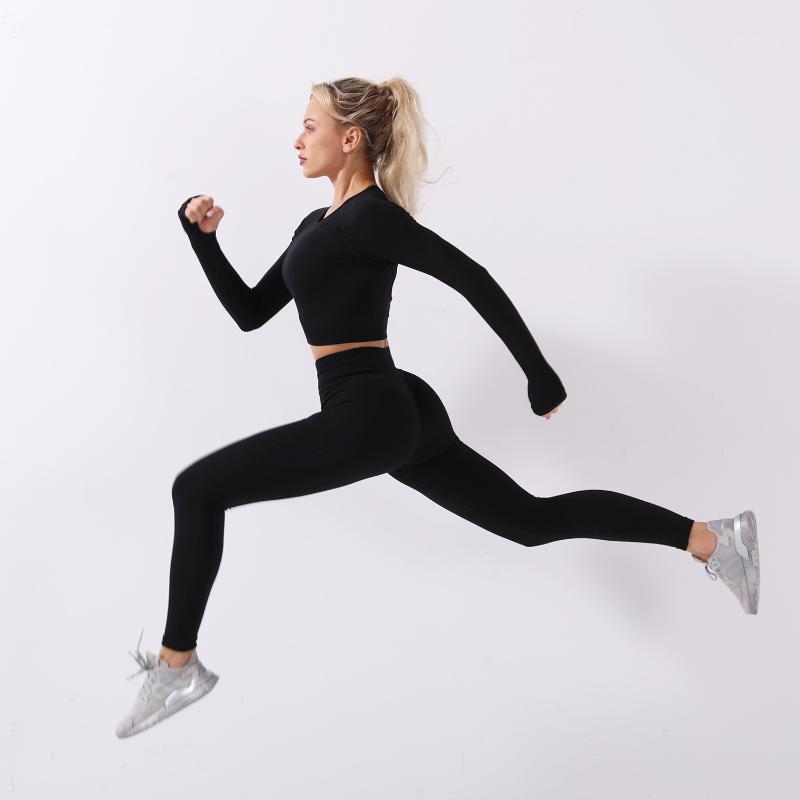 

Women 2pcs Seamless Yoga Set Sport Suit Gymwear Workout Clothes Long Sleeve Gym Crop Top High Waist Leggings Fitness Sports Wear1, Red