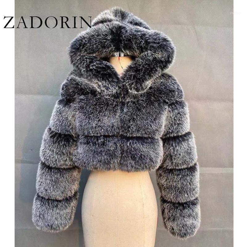 

Women's Fur & Faux ZADORIN High Quality Furry Cropped Coats And Jackets Women Fluffy Top Coat With Hooded Winter Jacket Manteau Femme1, Red