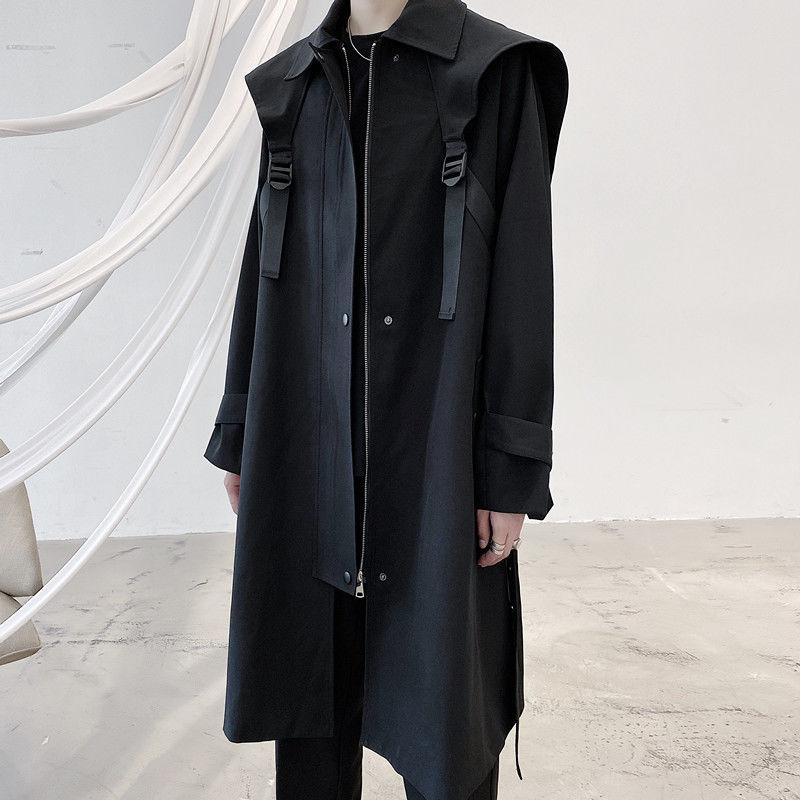 

IEFB / men's wear strap design function mid-length trench coat for male profile over-knee coat autumn black zipper windbreakers