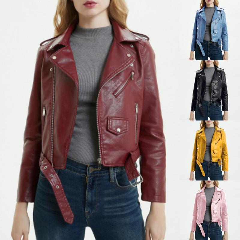 

Leather Jacket Women Fashion Bright Colors Leather Zipper Jacket Women Fashion Bright Colors Autumn Outwear Soft Female1, Black