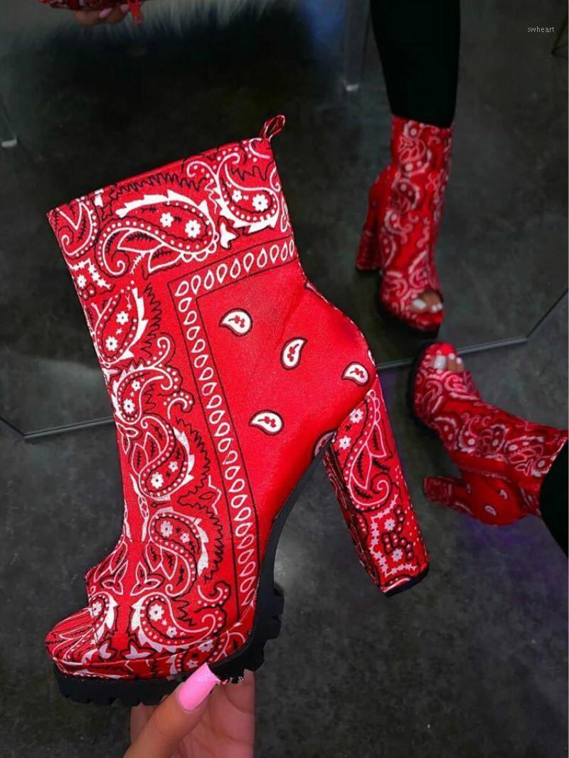 

Winter Totem Printing Lady Boots Plus Size Women Motorcycle Boots 2020 Autumn New Fish Mouth Square Heel Casual1, Blue